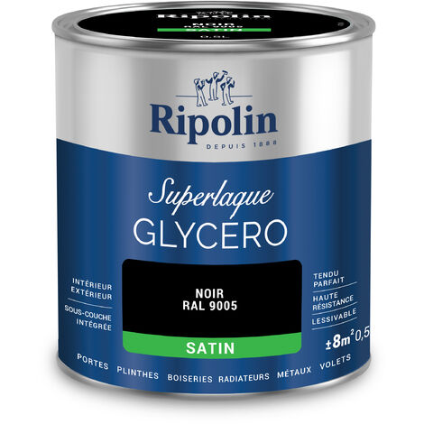 Ripolin – Peinture glycéro 2 en 1 satin 0,5L – Noir RAL 9005 – Haute résistance chocs et rayures – Pour bois et métal