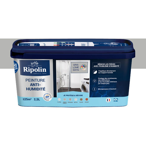 Ripolin – Peinture anti-humidité satinée 2,5L – Gris Lomé – Application sur supports humides – Lessivable – Rendement 25m² par pot (1/5)