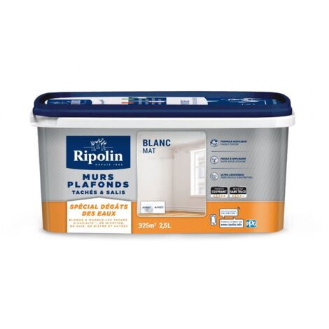 Peinture Blanc Mat - Murs et Plafonds tachés et salis - 2,5L - Ripolin