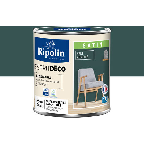 Ripolin – Peinture murale satin 0,5L vert armerie – Ultra-couvrante pour murs et boiseries – Lessivable et facile à entretenir – Fabriqué en France
