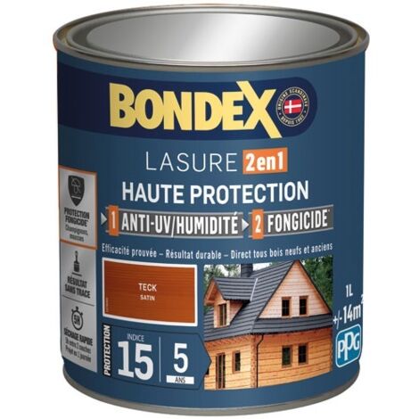 Bondex – Lasure extérieure 2 en 1 haute protection 1L – Anti-UV et fongicide – Aspect satin pour bois dur et teck – Application facile sans trace