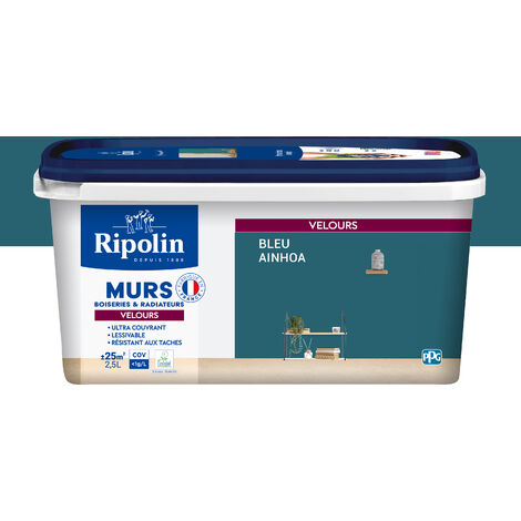 Ripolin – Peinture murale aspect velours 2,5L bleu Ainhoa – Ultra couvrante pour murs et boiseries – Résistance aux tâches et à l'usure (1/5)