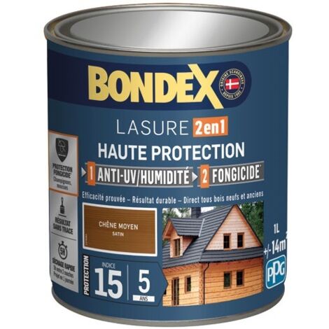 Bondex – Lasure extérieure 2 en 1 haute protection 5 ans – 1L – Chêne moyen – Mat velouté – Anti-UV et fongicide