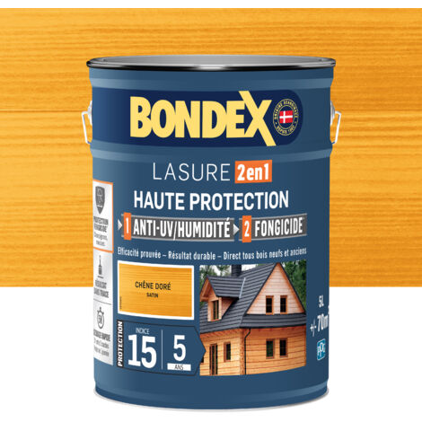 Bondex – Lasure extérieure satinée 5L – Protection contre intempéries et UV – Fongicide pour bois – Application facile au pistolet