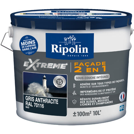 Ripolin – Peinture façade 2 en 1 mate avec sous-couche intégrée – Anthracite – Résistante aux intempéries et aux UV – 10 litres