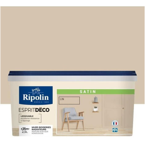 Ripolin – Peinture murale satin 2,5L couleur lin – Ultra-couvrante pour murs, boiseries et radiateurs – Entretien facile, lessivable
