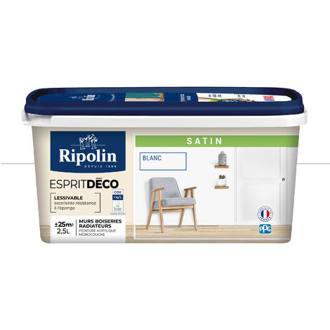 Ripolin – Peinture murale satin 2,5L blanc – Pour murs, portes et plinthes – Lessivable et peu sensible aux taches – Fabriqué en France
