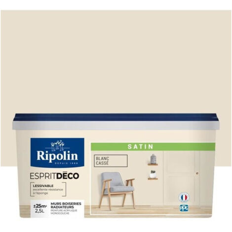 Ripolin – Peinture murale blanc cassé satinée 2,5L – Lessivable A+ pour intérieur – Séchage rapide 1h – Application facile sur murs et boiseries (1/7)
