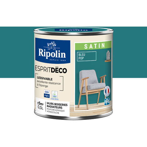 Ripolin – Peinture murale satin 0,5L bleu pop – Lessivable et peu sensible aux taches – Pour murs, portes, plinthes et radiateurs – Fabriqué en France (1/5)
