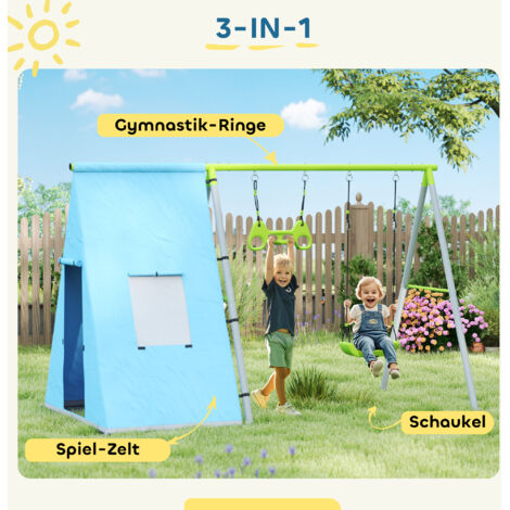 AIYAPLAY Balançoire 3-en-1 Enfants +3 Ans – Avec Tente, Anneaux De Gymnastique Et Cadre Métal Vert – Idéale Jardin Extérieur