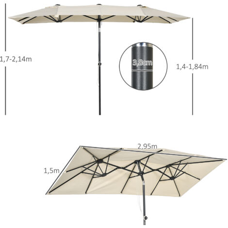 Grand parasol, réglable en hauteur et inclinable, 150 x 295 x 170-214 cm, crème