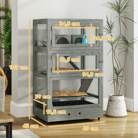 Cage en bois à 4 niveaux pour hamster, avec maisons, bascule, gamelles, rampes et roues, 65 x 45 x 109 cm, grise