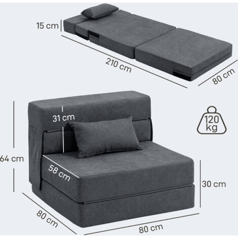Canapé de sol, canapé rembourré, convertible en matelas, mousse, coussins, gris foncé (1/5)