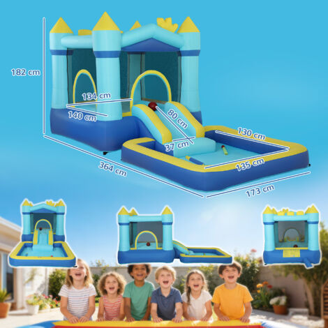 Château gonflable avec souffleur, toboggan, trampoline, pataugeoire/piscine à balles, pistolet à eau, 364 x 173 x 182 cm, bleu