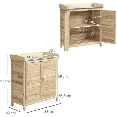 Meuble de jardin à 2 compartiments, plan de travail en métal à rebord surélevé, bois naturel, 83 x 40 x 92 cm