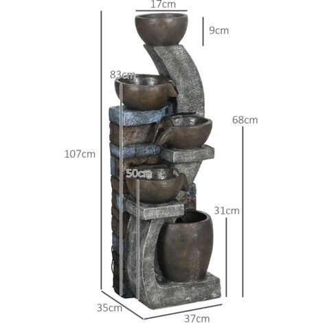 Fontaine de jardin, aspect brique, 5 niveaux, solaire, LED, 107 cm, résine, gris/brun