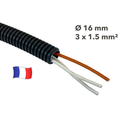 Gaine électrique préfilée 10 mètres diam 16 avec 3 fils Orange, Ivoire, Ivoire 1.5 mm² - PREFA ELEC