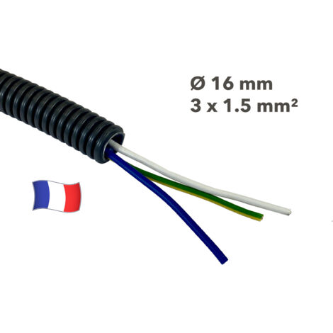 Gaine électrique préfilée 10 mètres diam 16 avec 3 fils Bleu, Vert/Jaune, Ivoire 1.5 mm² - PREFA ELEC