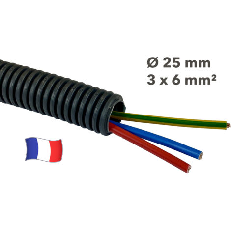 Gaine électrique préfilée 35 mètres diam 25mm avec 3 fils Bleu, Vert/Jaune, Rouge 6 mm² - PREFA ELEC