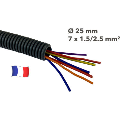 Gaine électrique préfilée 20 mètres diam 25 avec 7 fils Bleu, Rouge, Orange, Violet 1.5 mm² Bleu, Vert/Jaune, Rouge 2.5 mm² - PREFA ELEC