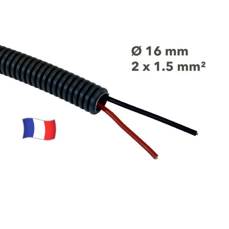 Gaine électrique préfilée 20 mètres diam 16 avec 2 fils Rouge, Noir 1.5 mm² - PREFA ELEC