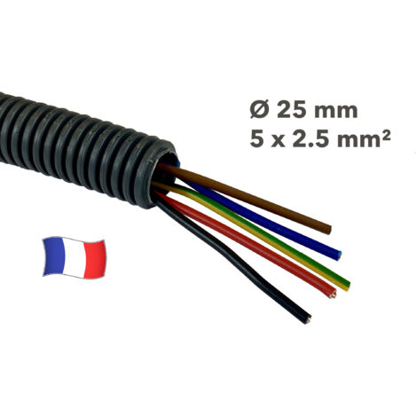 Gaine électrique préfilée 5 mètres diam 25 avec 5 fils Bleu, Vert/Jaune, Rouge, Noir, Marron 2.5 mm² - PREFA ELEC
