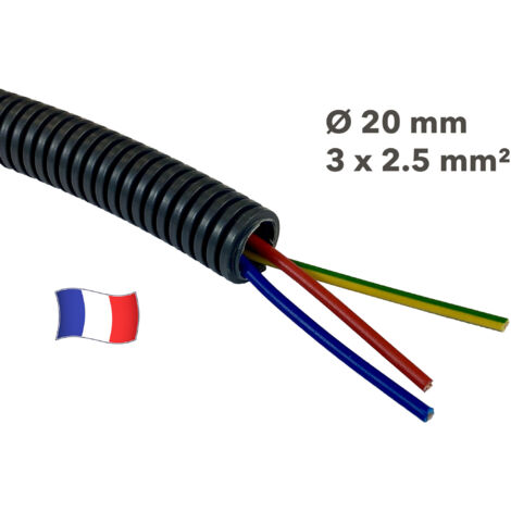 Gaine électrique préfilée 50 mètres diam 20 avec 3 fils Bleu, Vert/Jaune, Rouge 2.5 mm² - PREFA ELEC
