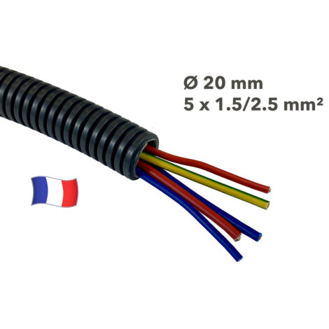 Gaine électrique préfilée 5 mètres diam 20 avec 5 fils Bleu, Rouge 1.5 mm² Bleu, Vert/Jaune, Rouge 2.5 mm² - PREFA ELEC