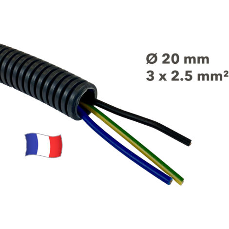 Gaine électrique préfilée 20 mètres diam 20 avec 3 fils Bleu, Vert/Jaune, Noir 2.5 mm² - PREFA ELEC