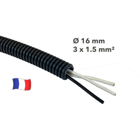 Gaine électrique préfilée 10 mètres diam 16 avec 3 fils Noir, Ivoire, Ivoire 1.5 mm² - PREFA ELEC