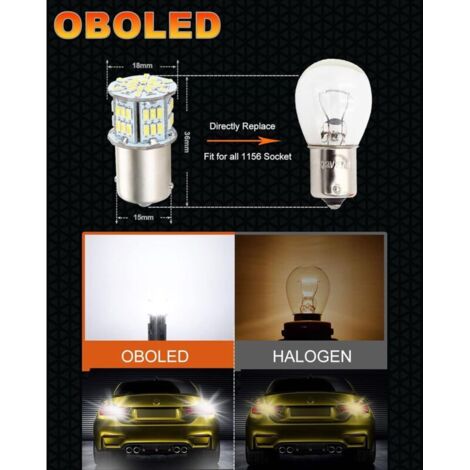 OBOLED P21W Bombillas LED 1156 BA15S | 600LM 6500K Blanco Xenón | 12V-24V | Pack 2 Para Interiores, Giro, Marcha Atrás O Luces Diurnas | Sin Errores (con Resistencia)