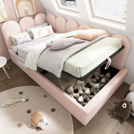 Lit Banquette 90×200 cm, Lit Simple avec Coffre Hydraulique et Barrière, sans Matelas, en Velours, Rose
