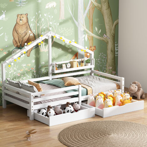 Lit Cabane 90×200 cm, Lit Simple avec Étagère, 2 Tiroirs et Barrière, sans Matelas, en Bois Massif, Blanc