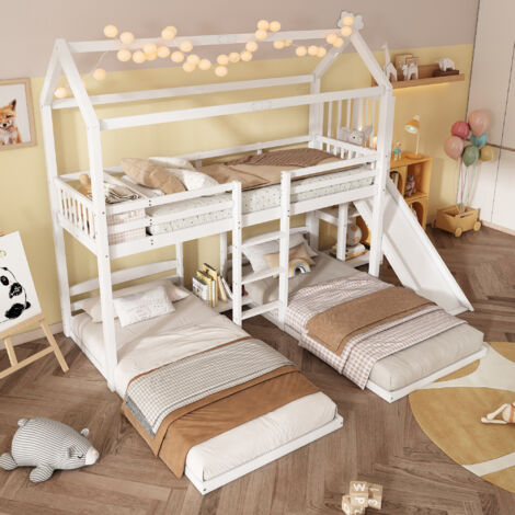 Lit Superposé Cabane 90×200 cm, Lit 3 Places avec Toboggan, Échelle et Rangement, sans Matelas, en Bois Massif et MDF, Blanc