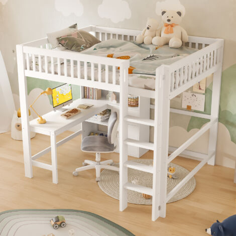 Lit Mezzanine 140×200 cm, Lit Double avec Bureau, 3 Tiroirs, Étagères et Échelle, sans Matelas, en Pin, Blanc