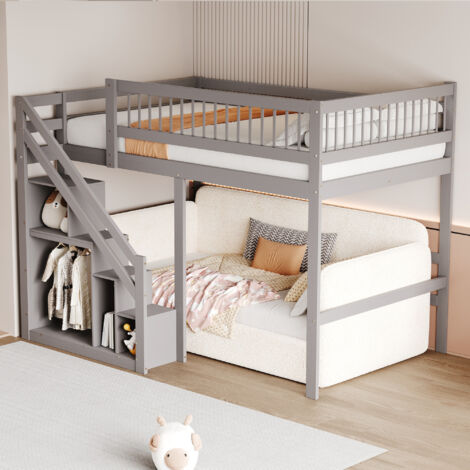 Lit Mezzanine 140×200 cm, Lit Double avec Escalier de Rangement, Barrière Haute, sans Matelas, Gris