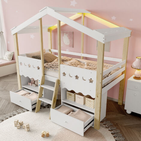 Lit Mezzanine 90×200 cm, Lit Simple avec 2 Tiroirs, LED Réglable et Étagères, sans Matelas, en Pin, Blanc et Naturel (1/5)