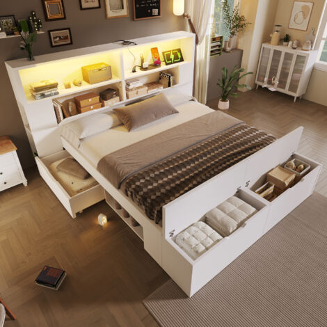 Lit avec Tiroirs 140×200 cm, Lit Double avec LED, USB et Type C, Étagères et Banc Coffre, sans Matelas, Bois Blanc (1/5)