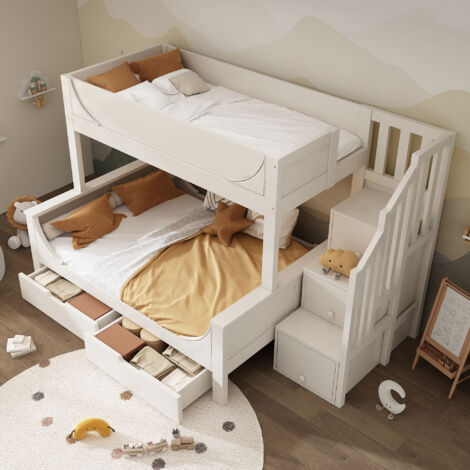 Lit Superposé 90×200 cm et 140×200 cm, Lit 3 Places avec Armoire Échelle, 2 Tiroirs et Barrière, sans Matelas, Blanc (1/5)
