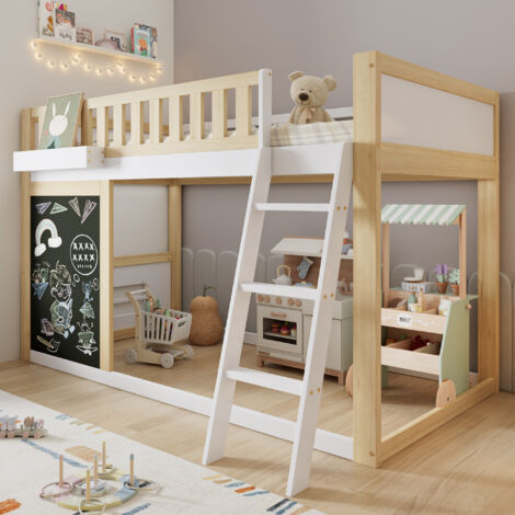 Lit mezzanine 90×200 cm, Lit Simple avec Tableau à Dessin, Boîte de Rangement et Garde-corps, sans Matelas, Blanc+Nature (1/5)