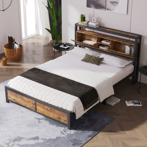 Lit avec Rangement 140×200 cm, Lit Double avec Étagères et Espace sous Lit, sans Matelas, Métal et Bois, Naturel (1/5)