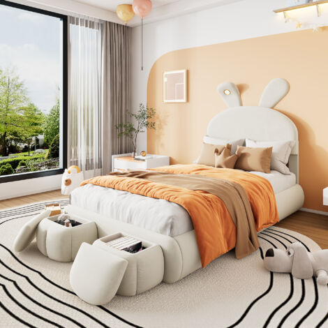 Lit Enfant 90×200 cm, Lit Simple avec LED Réglable, 2 Poufs de Rangement et Tête de Lit Réglable, sans Matelas, Velours, Beige (1/5)