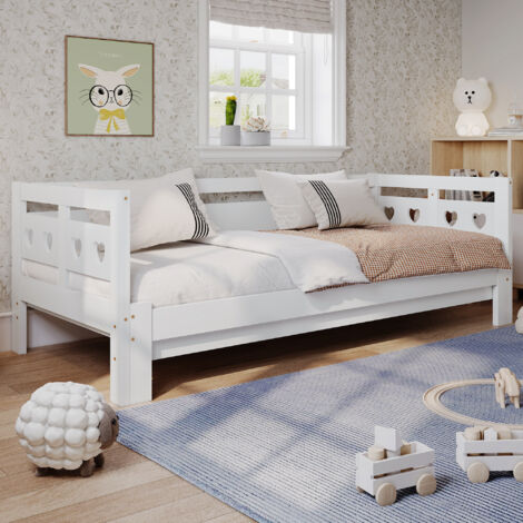 Lit Gigogne 90×190 cm, Lit Simple avec 2 Couchages, Sommier à Roulettes, sans Matelas, en Bois, Blanc