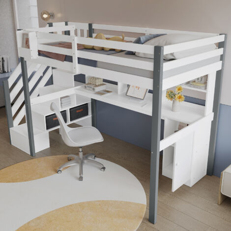 Lit Mezzanine Mi-Hauteur 90×200 cm, Lit Simple avec Escalier de Rangement, Bureau, Étagères et Coffre, sans Matelas, Blanc Gris (1/5)