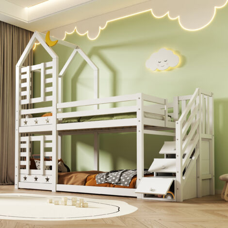 Lit Superposé Cabane 90×200 cm, Lit Simple avec 2 Tiroirs, Rangement Escalier et Barrière, sans Matelas, Bois, Blanc (1/5)