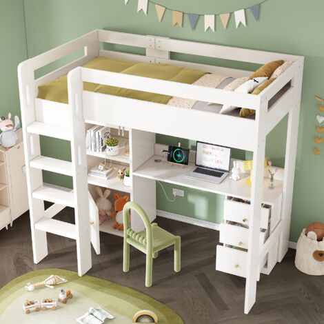Lit mezzanine 90×200 cm, Lit Simple avec Bureau USB et Type C, Armoire, Étagères et Escalier, sans Matelas, Blanc (1/5)