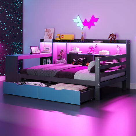 Lit Banquette 90×200 cm, Lit Simple avec Bureau, Bibliothèque, Étagères, LED et USB, 2 Tiroirs, sans Matelas, Noir et Bleu
