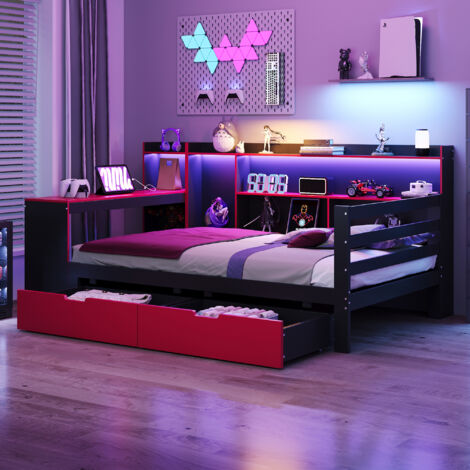 Lit Banquette 90×200 cm, Lit Simple avec Bureau, Bibliothèque, 2 Tiroirs, LED et Prises USB, sans Matelas, Noir et Rouge