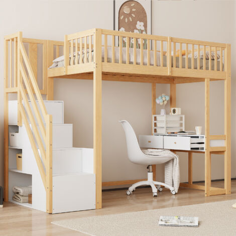 Lit Mezzanine 90×200 cm, Lit Simple avec Escalier de Rangement, Bureau et Espace sous Lit, sans Matelas, Blanc et Naturel (1/5)