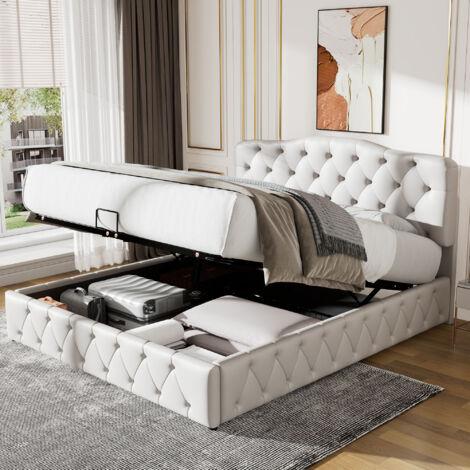 Lit Coffre 140×200 cm, Lit Double avec Rangement Hydraulique, Tête de Lit Réglable et Sommier, sans Matelas, PU Blanc (1/5)